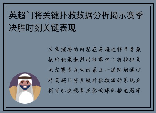 英超门将关键扑救数据分析揭示赛季决胜时刻关键表现