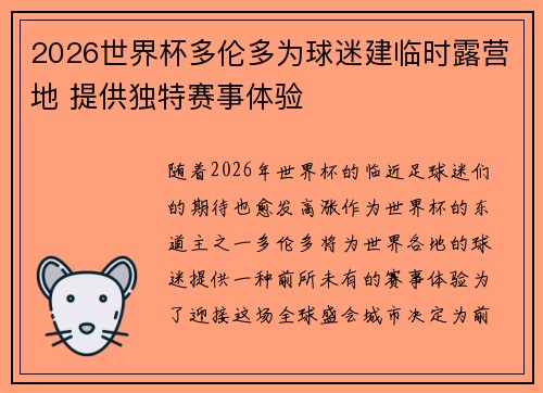 2026世界杯多伦多为球迷建临时露营地 提供独特赛事体验