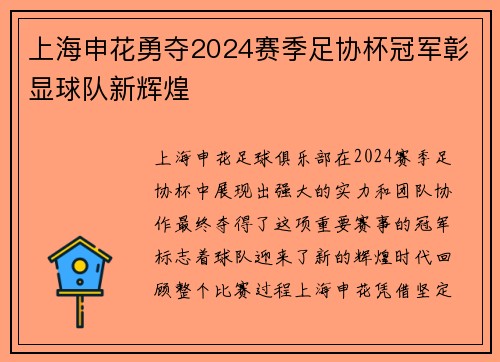 上海申花勇夺2024赛季足协杯冠军彰显球队新辉煌